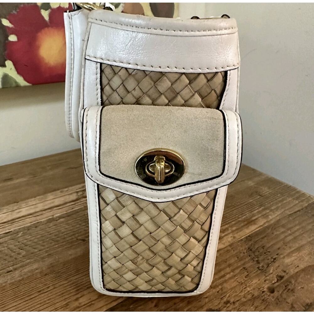 Coach Vintage Hampton Basket Weave Straw Suede Leather Satchel Tan White 4419 - Picture 5 of 9